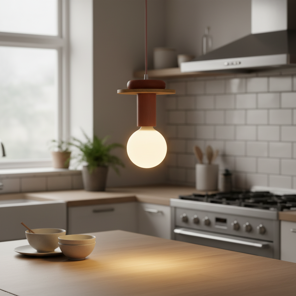 Suspension Bois Nordique Bicolore allumée diffusant sa lumière - vue 1/2