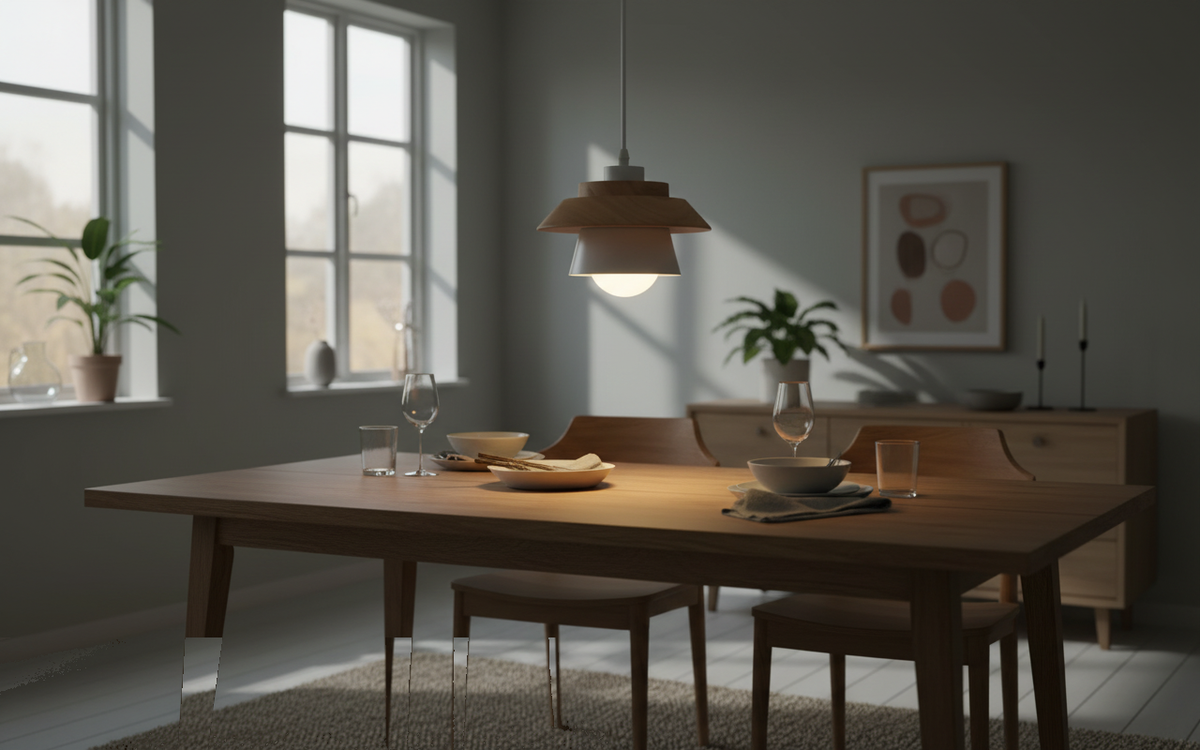Suspension Bois Nordique Macaron Bicolore Scandinave allumée diffusant sa lumière