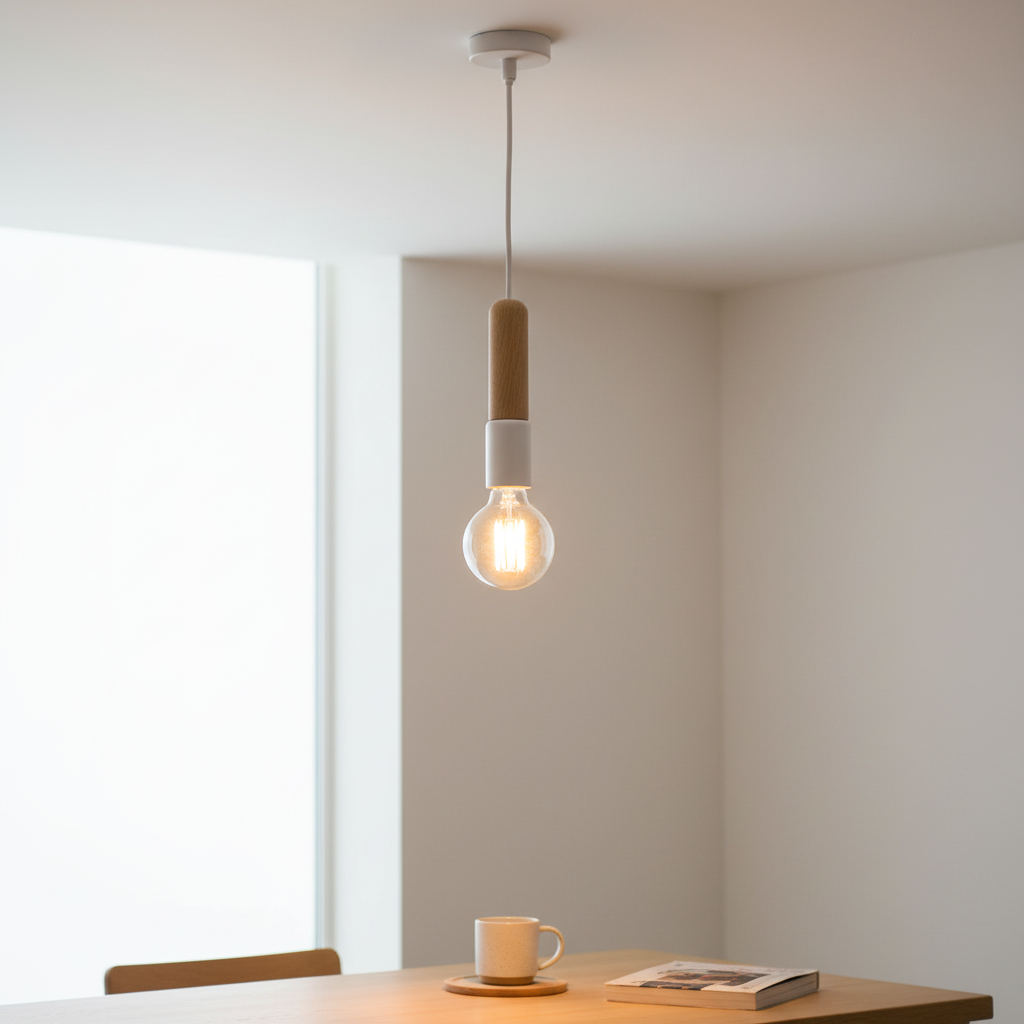 Suspension Bois Nordique Minimaliste allumée diffusant sa lumière