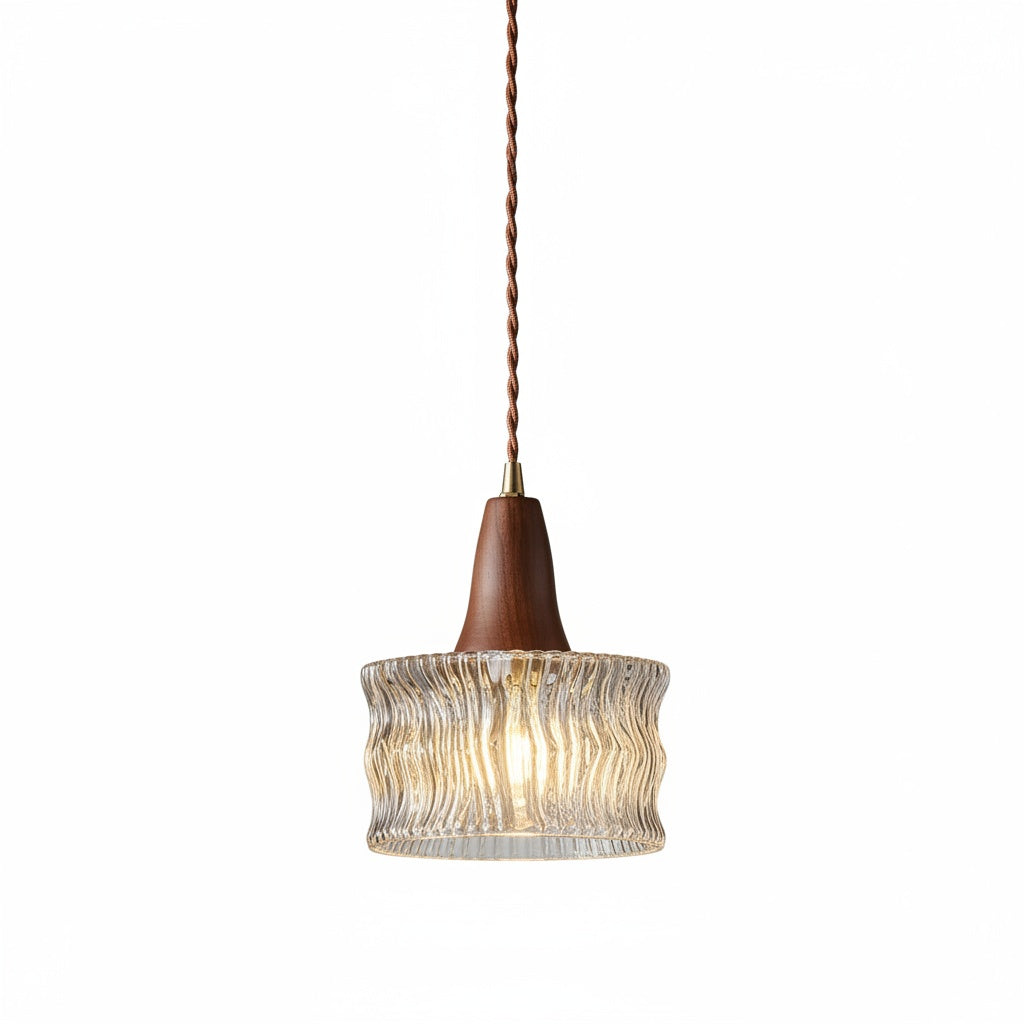 Suspension Bois Noyer Verre Cannelé Nordique - vue produit sur fond blanc