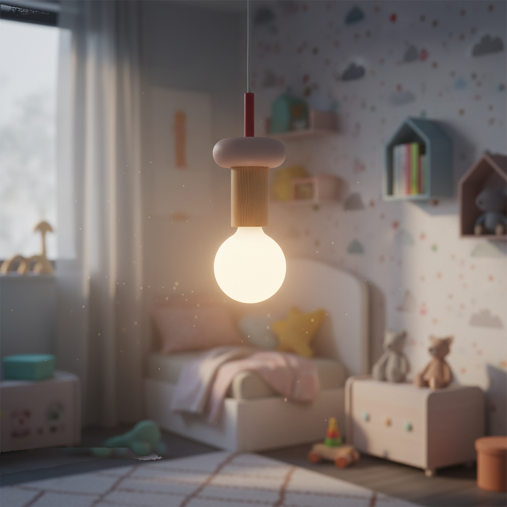 Suspension Bois Scandinave Macaron Rose allumée diffusant sa lumière