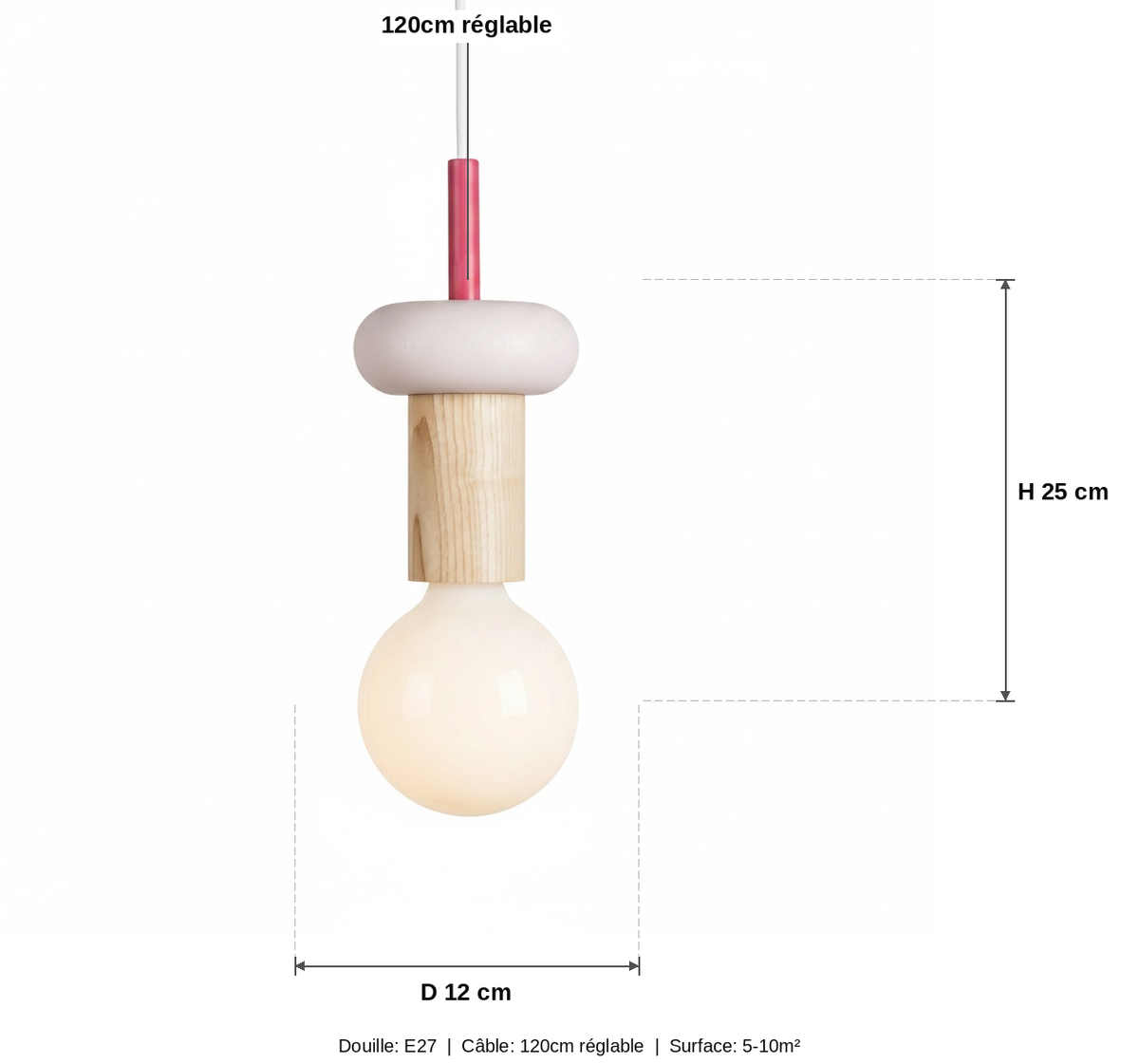 Suspension Bois Scandinave Macaron Rose - schéma des dimensions