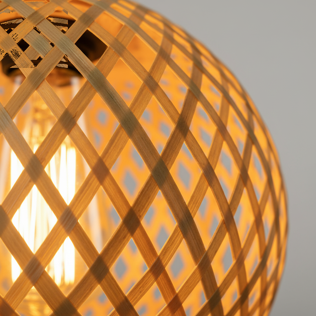 Suspension Boule Bambou Tressé Ajouré - gros plan sur les détails de fabrication