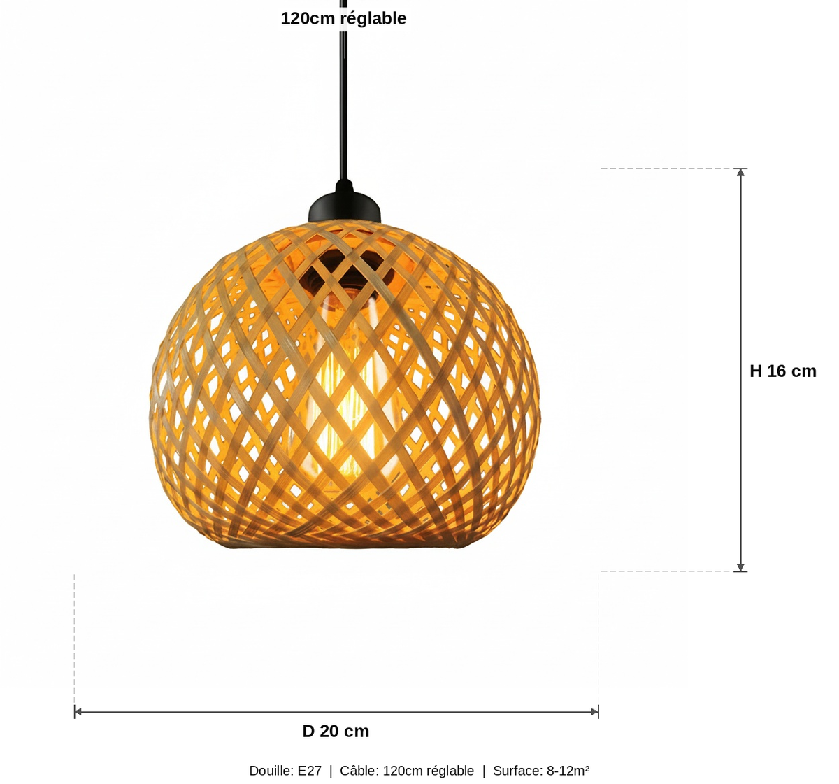 Suspension Boule Bambou Tressé Ajouré - schéma des dimensions
