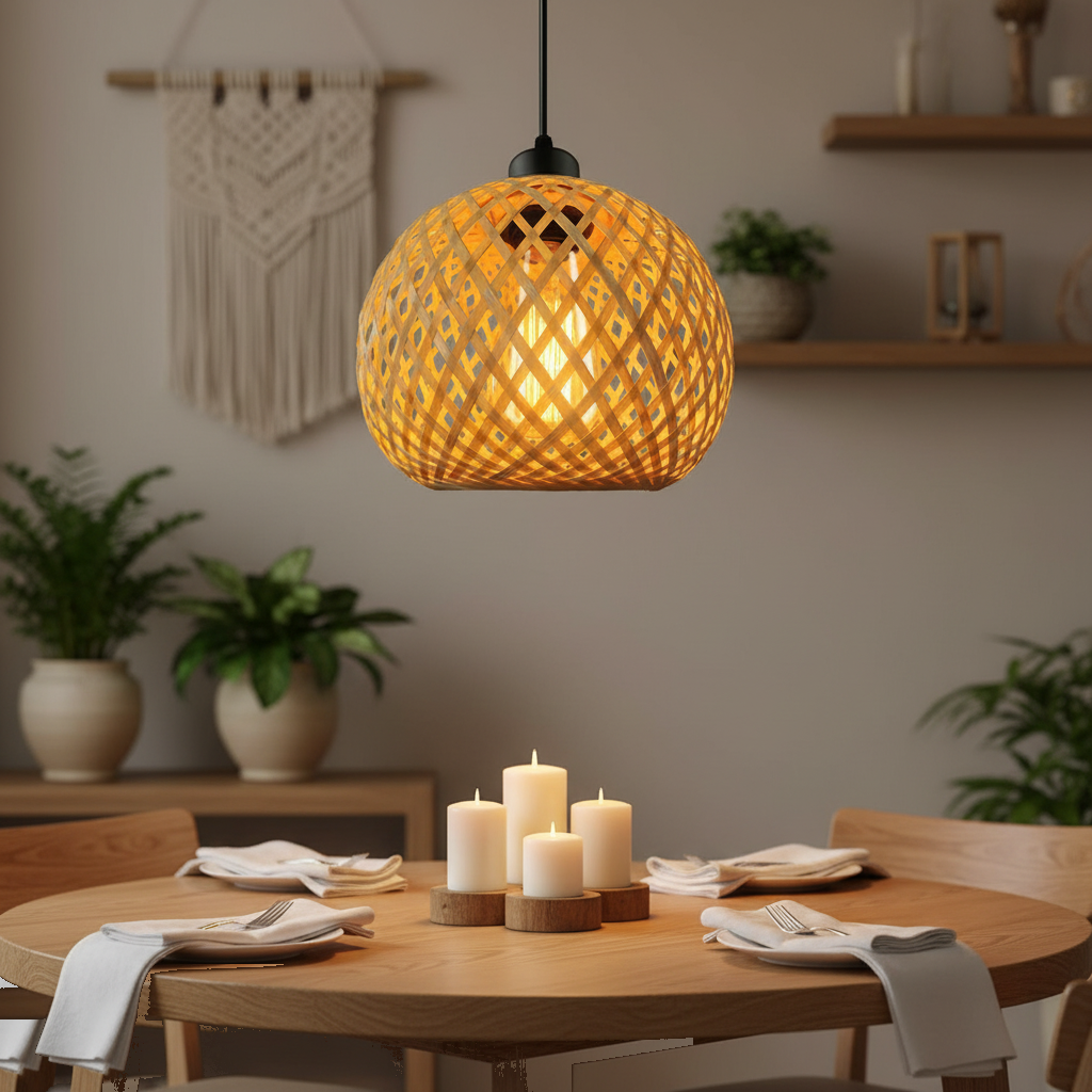 Suspension Boule Bambou Tressé Ajouré mise en ambiance dans un intérieur