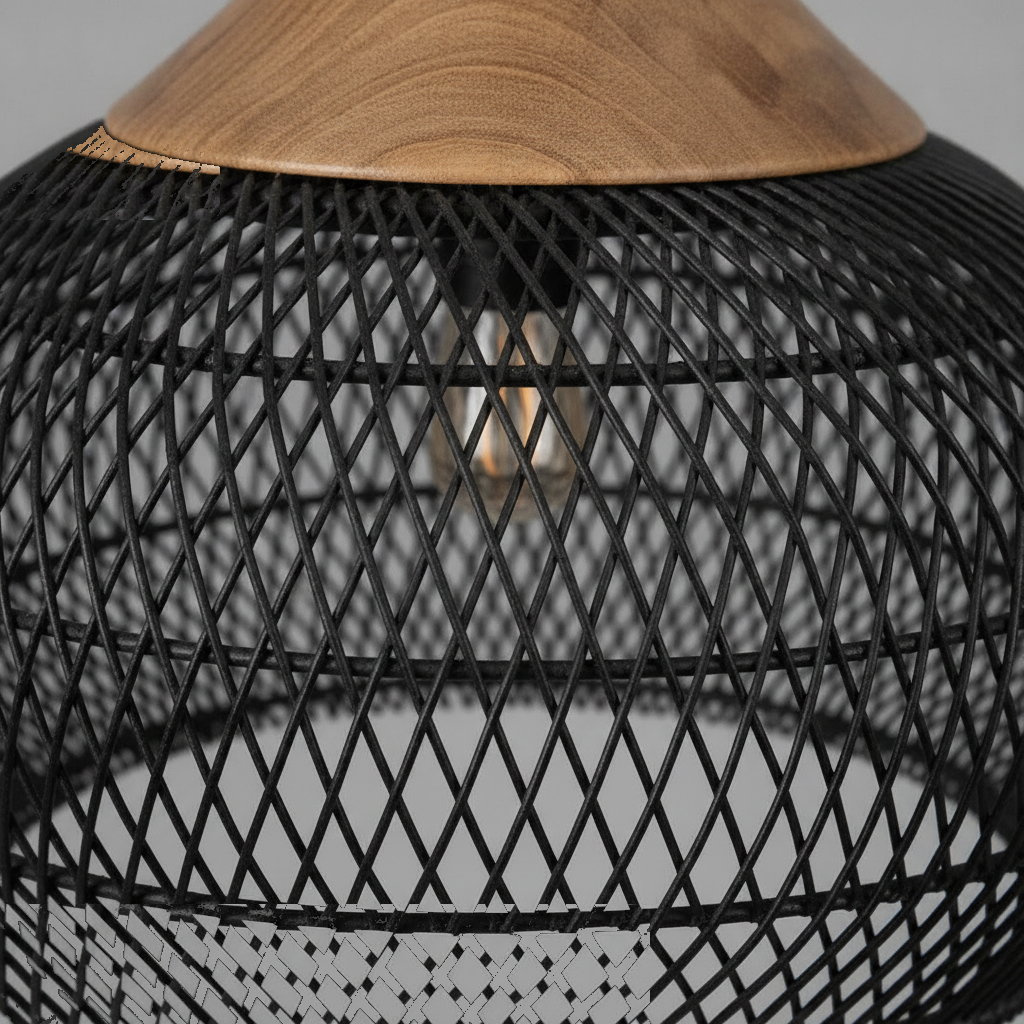 Suspension Boule Métal Tressé Noir et Bois — detail