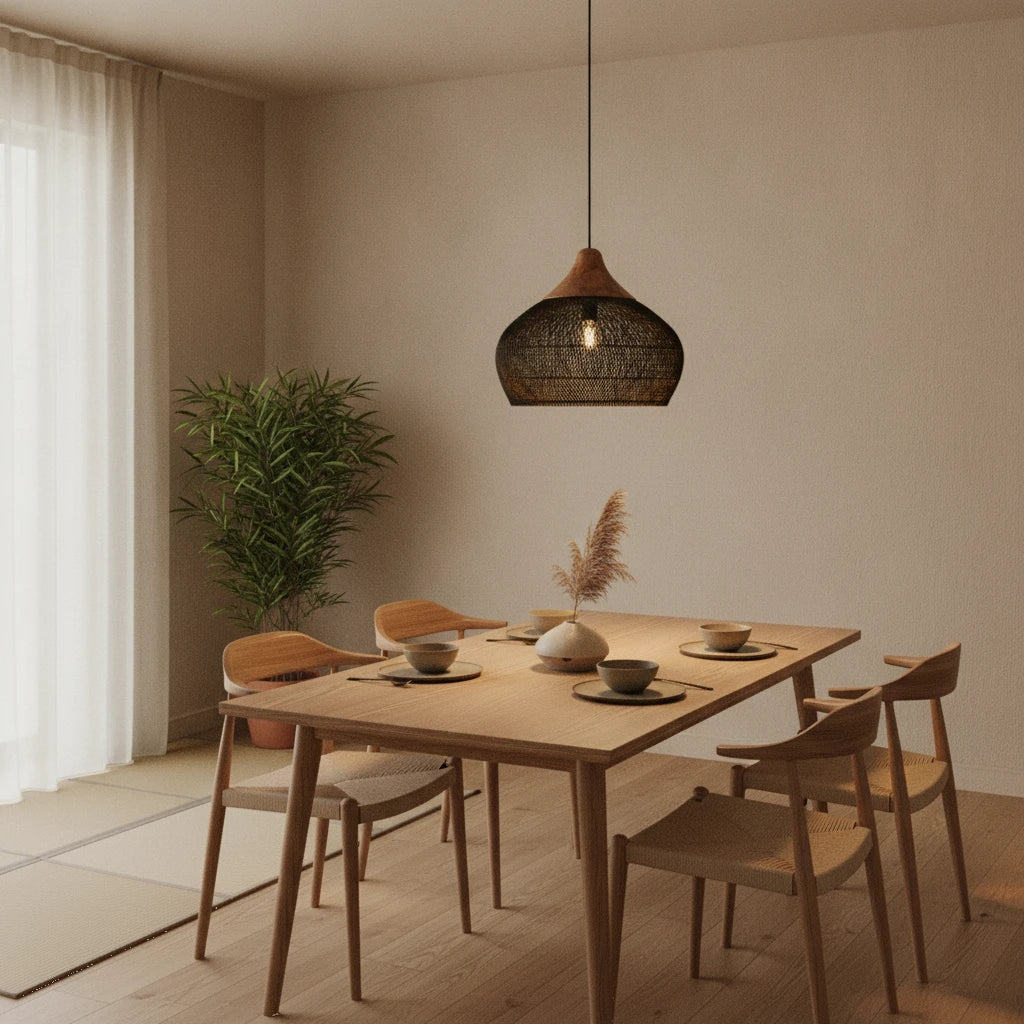suspension-boule-metal-tresse-noir-bois highlight Image