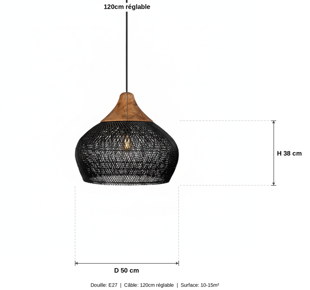 Suspension Boule Métal Tressé Noir et Bois — measures default