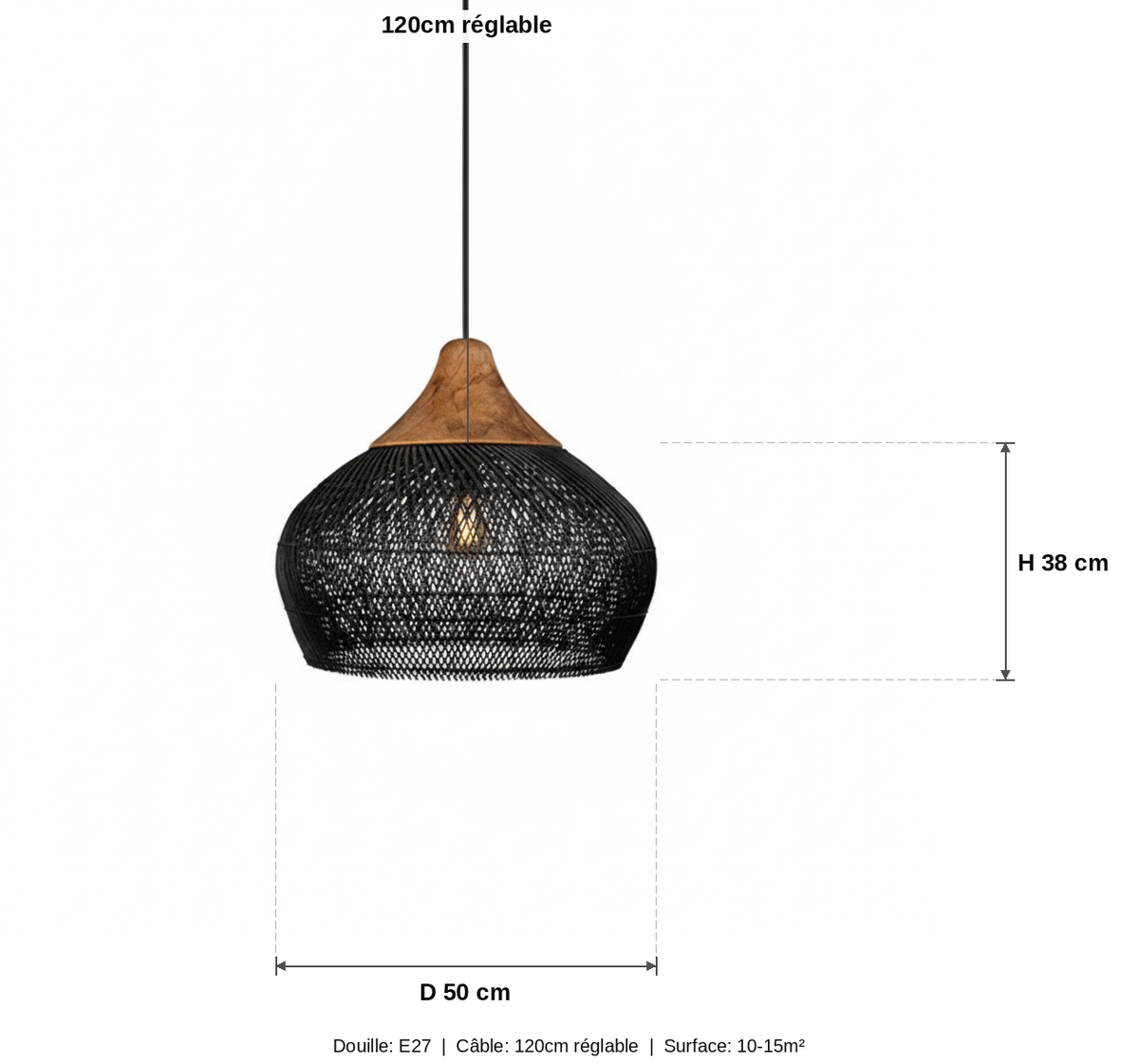 Suspension Boule Métal Tressé Noir et Bois — measures default