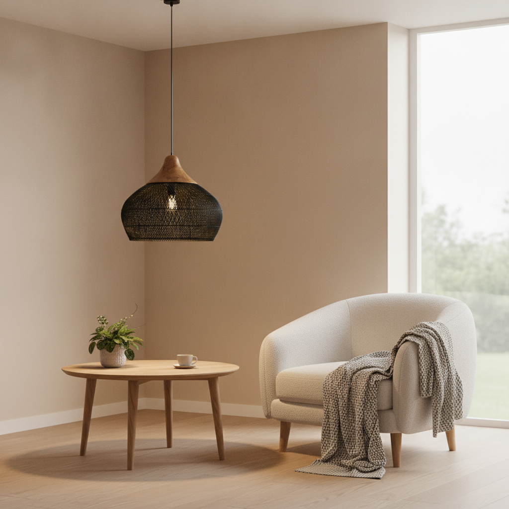 Suspension Boule Métal Tressé Noir et Bois — scene 2
