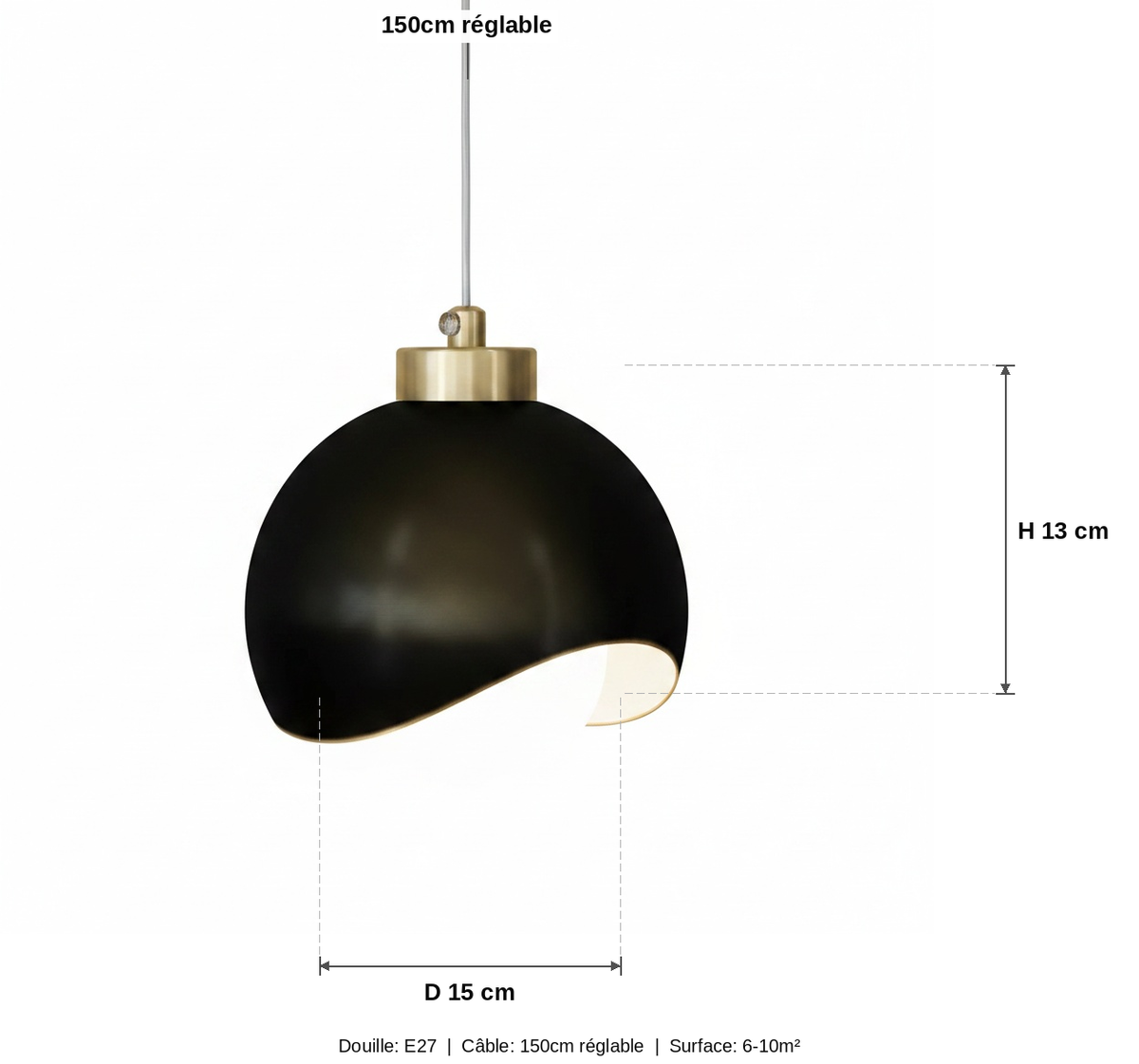 Suspension Boule Noire Dorée Design Globe Unique - schéma des dimensions