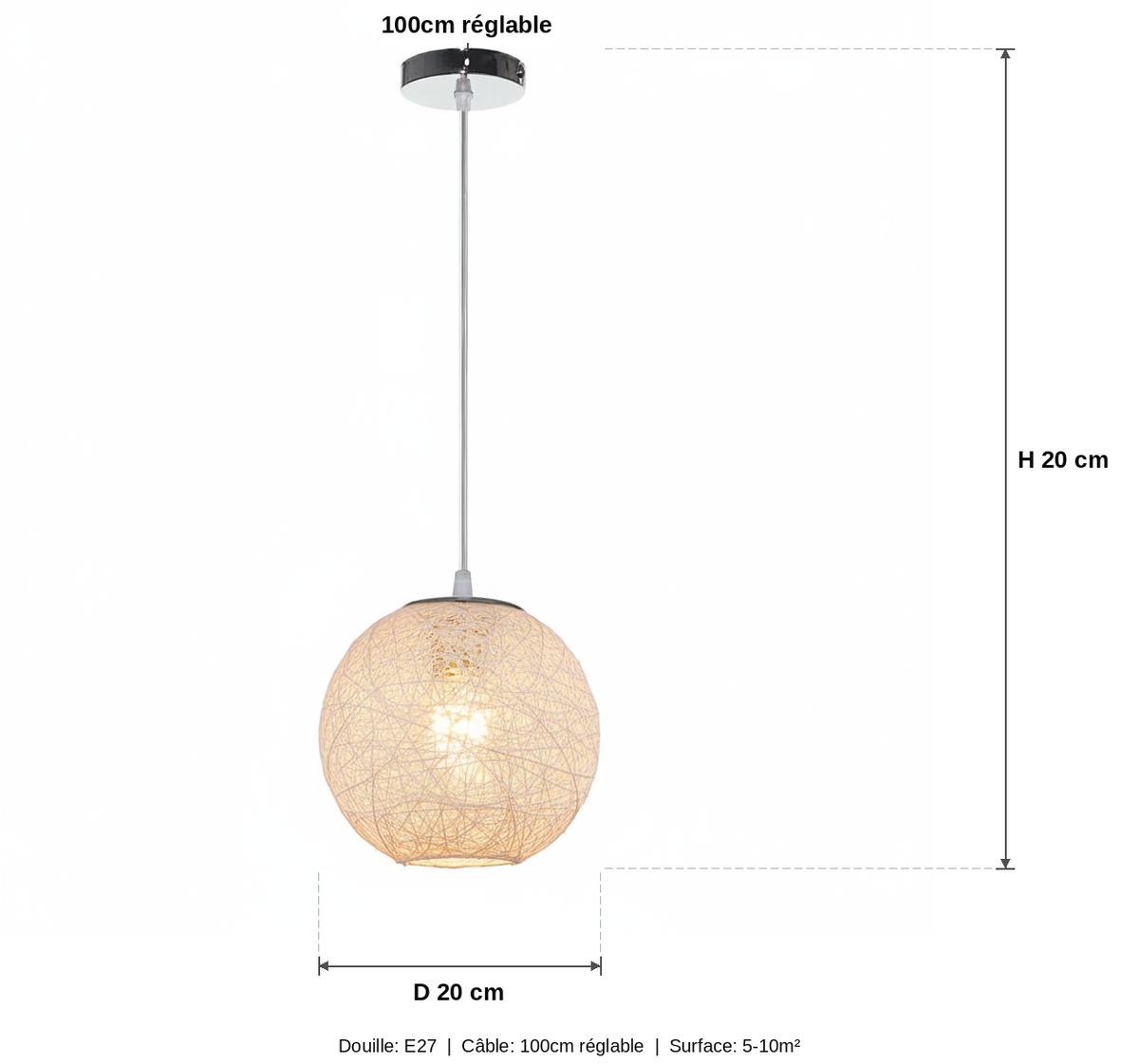 Suspension Boule Rotin Tressé Blanche — measures default