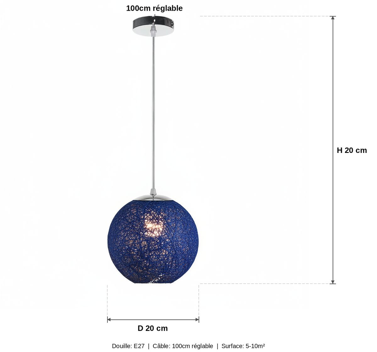 Suspension Boule Rotin Tressé Bleue — measures default