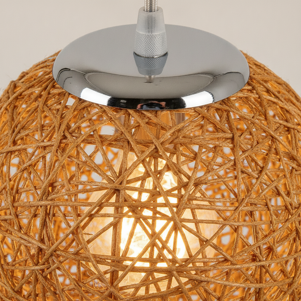 Suspension Boule Rotin Tressé Bois Clair — detail