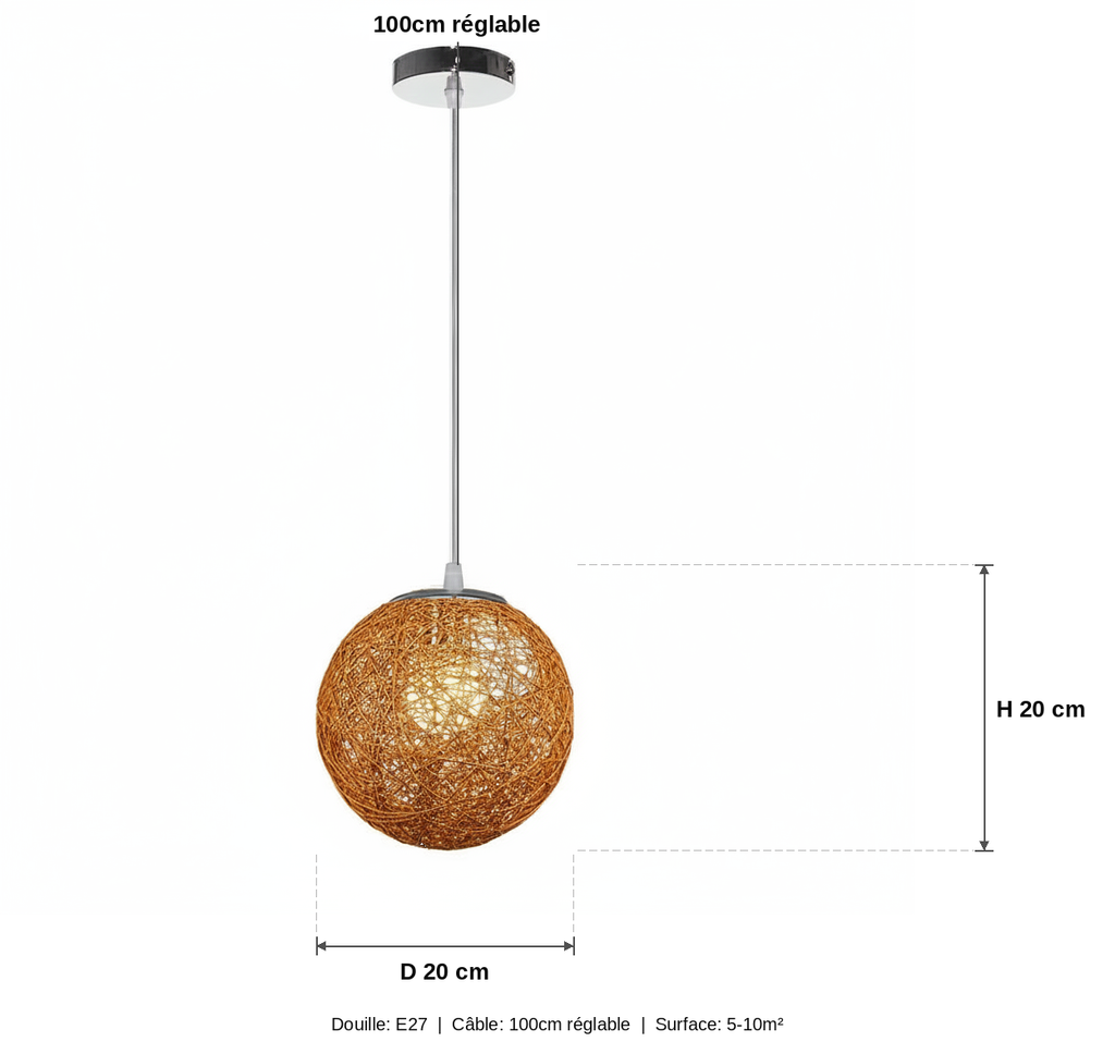 Suspension Boule Rotin Tressé Bois Clair — measures default
