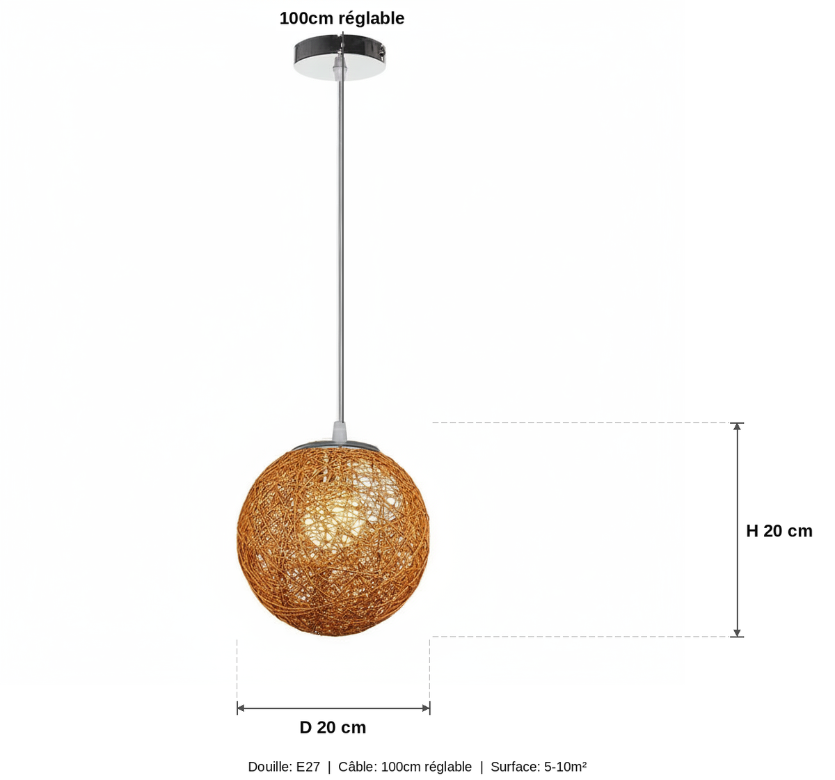 Suspension Boule Rotin Tressé Bois Clair — measures default