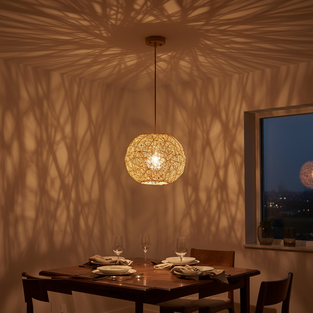 Suspension Boule Rotin Tressé Naturel 25cm allumée diffusant sa lumière