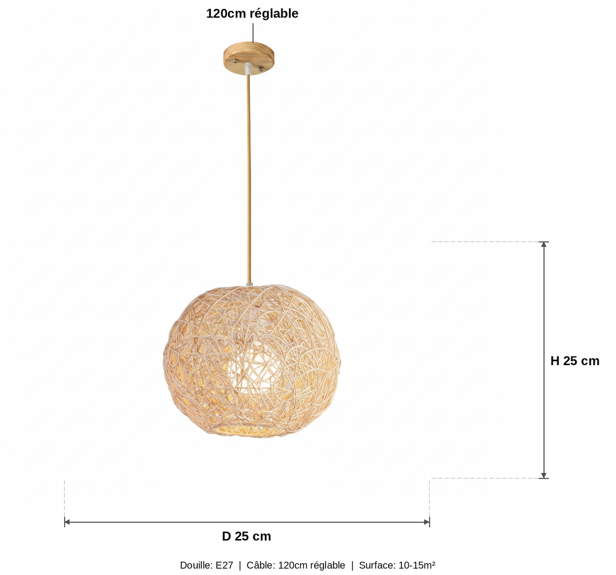Suspension Boule Rotin Tressé Naturel 25cm - schéma des dimensions