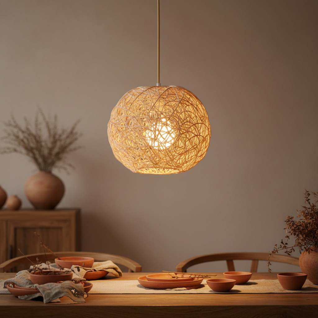 Suspension Boule Rotin Tressé Naturel 25cm mise en ambiance dans un intérieur