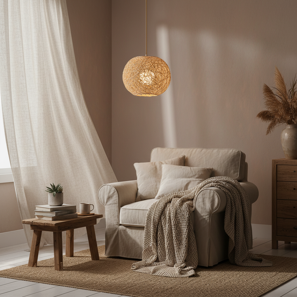 Suspension Boule Rotin Tressé Naturel 25cm en situation décorative