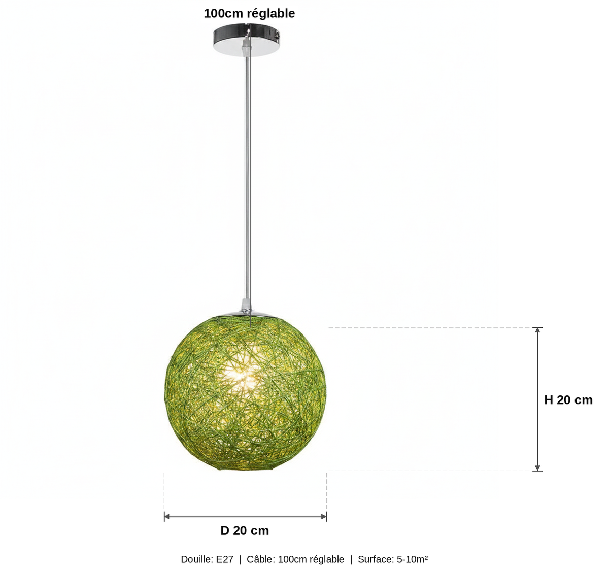 Suspension Boule Rotin Tressé Vert — measures default