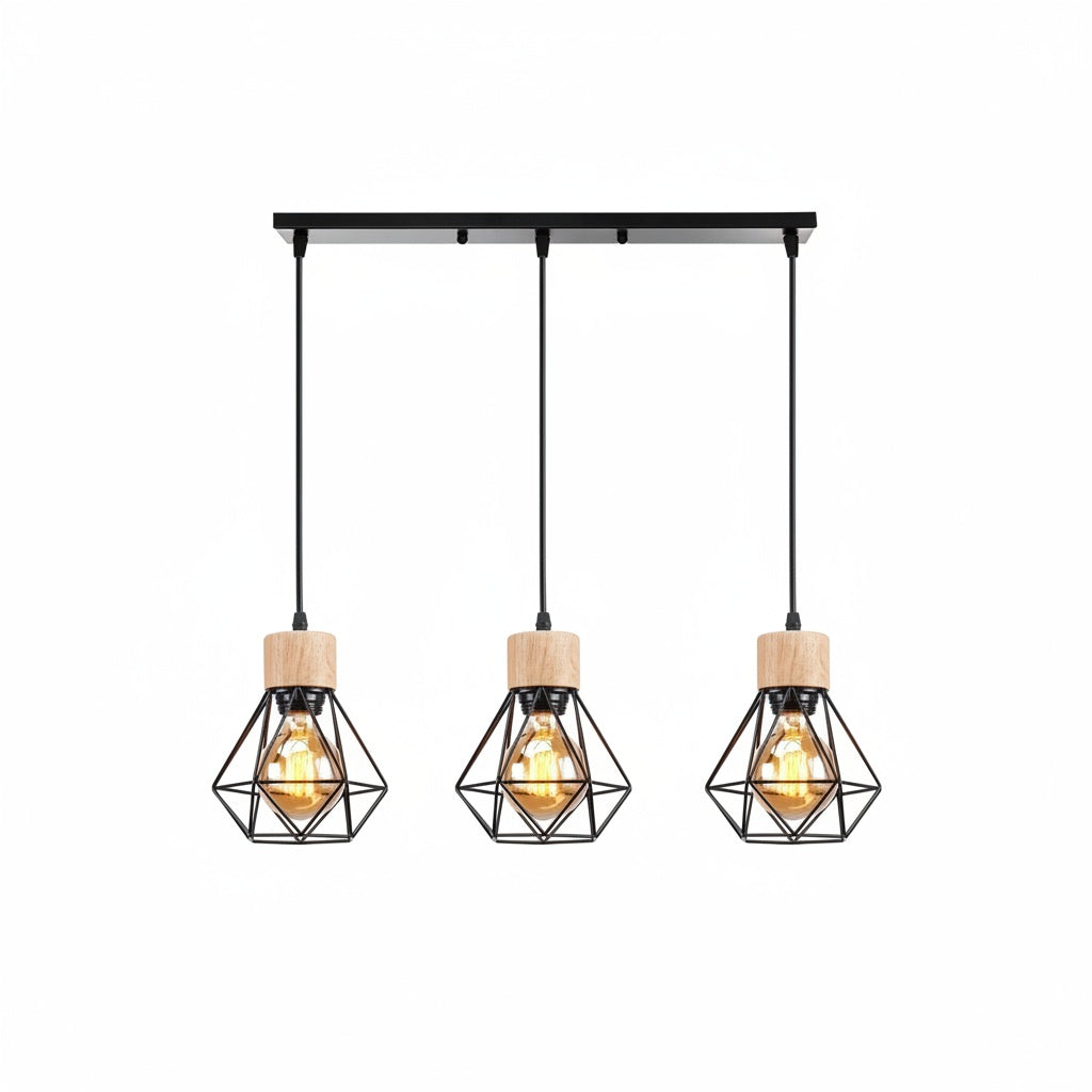 Suspension Cage Diamant Bois et Métal 3 Lumières - vue produit sur fond blanc