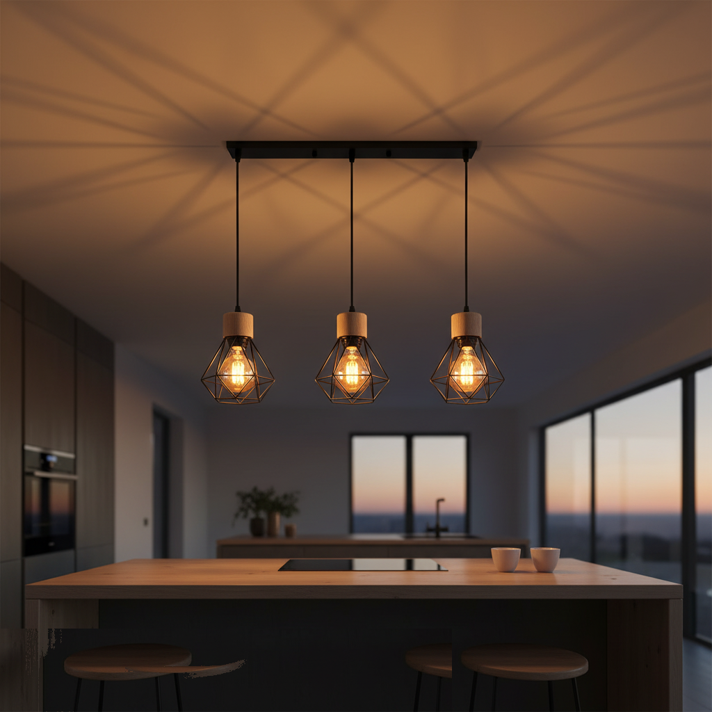 Suspension Cage Diamant Bois et Métal 3 Lumières allumée diffusant sa lumière