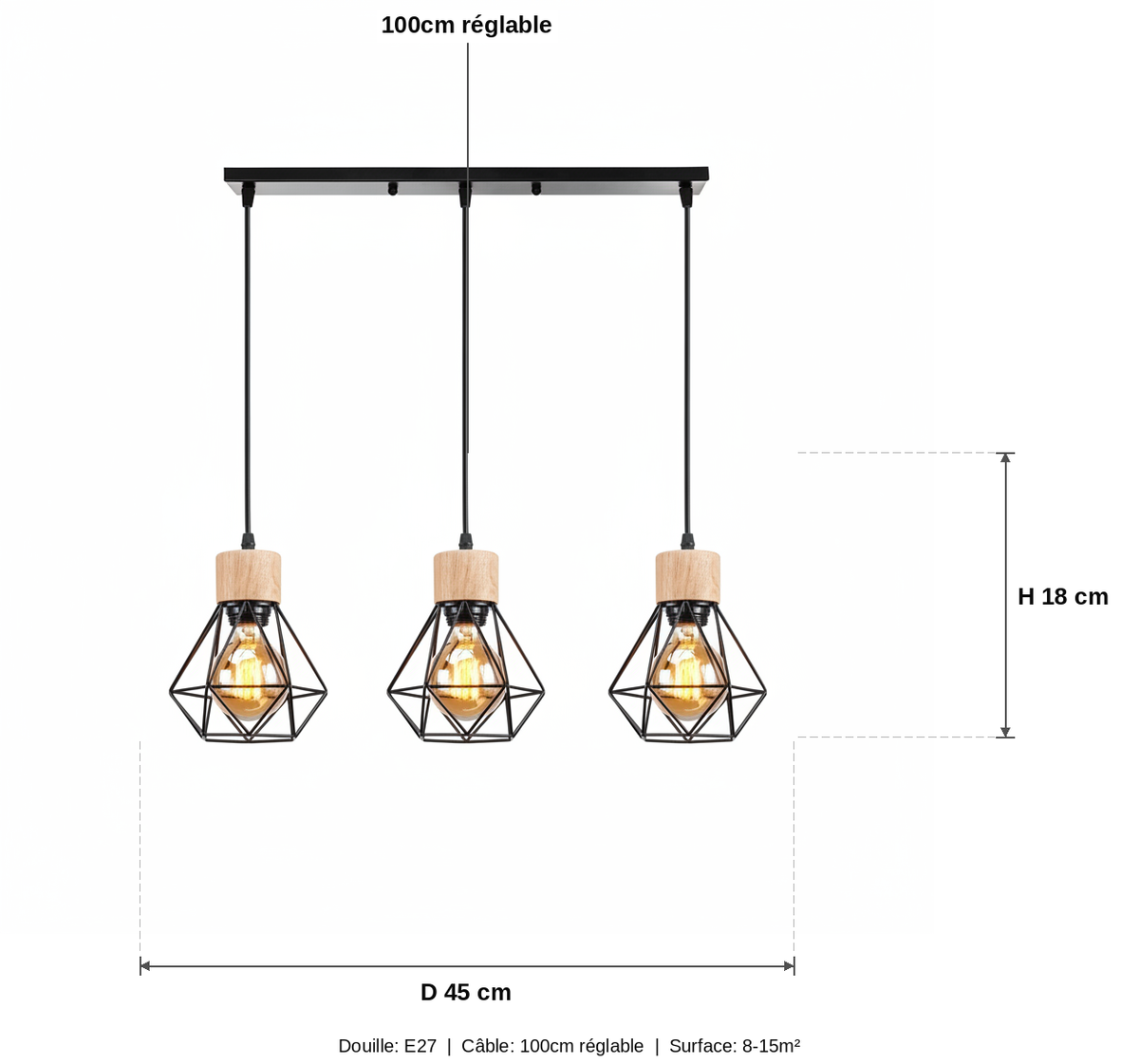Suspension Cage Diamant Bois et Métal 3 Lumières - schéma des dimensions