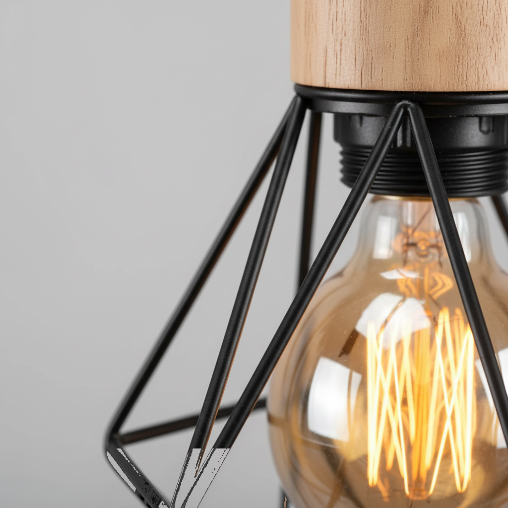 Suspension Cage Diamant Bois et Métal Noir 3 Têtes - gros plan sur les détails de fabrication
