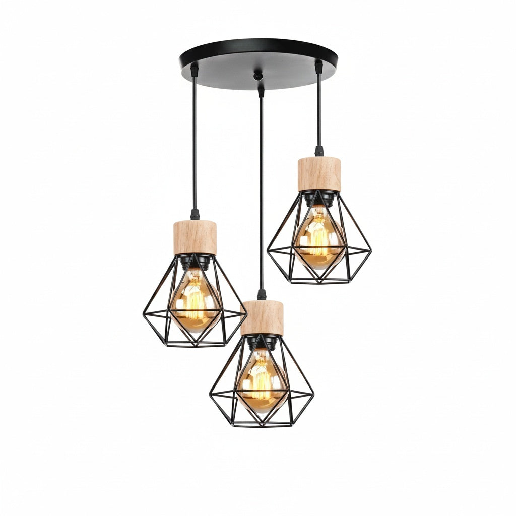Suspension Cage Diamant Bois et Métal Noir 3 Têtes - vue produit sur fond blanc