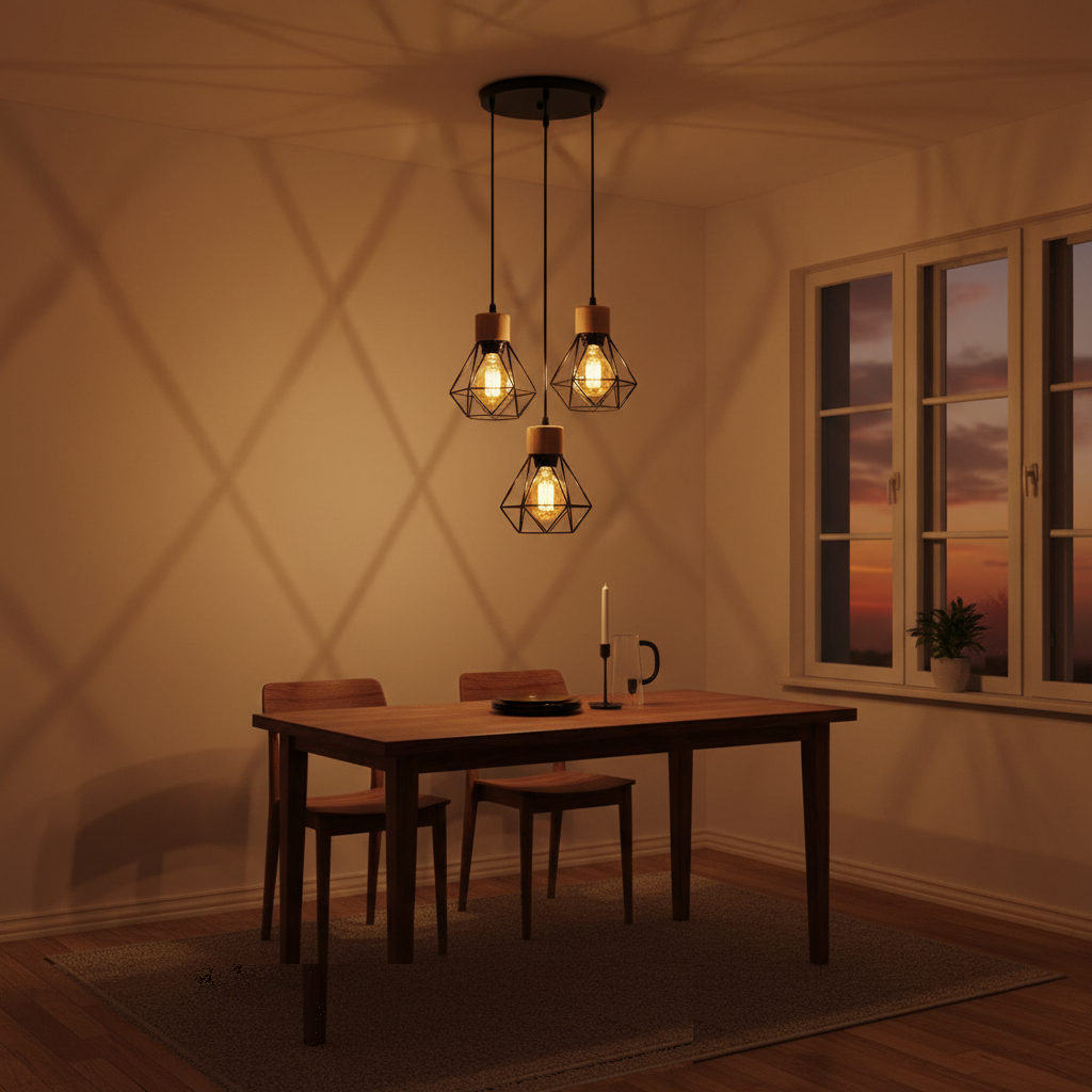 Suspension Cage Diamant Bois et Métal Noir 3 Têtes allumée diffusant sa lumière