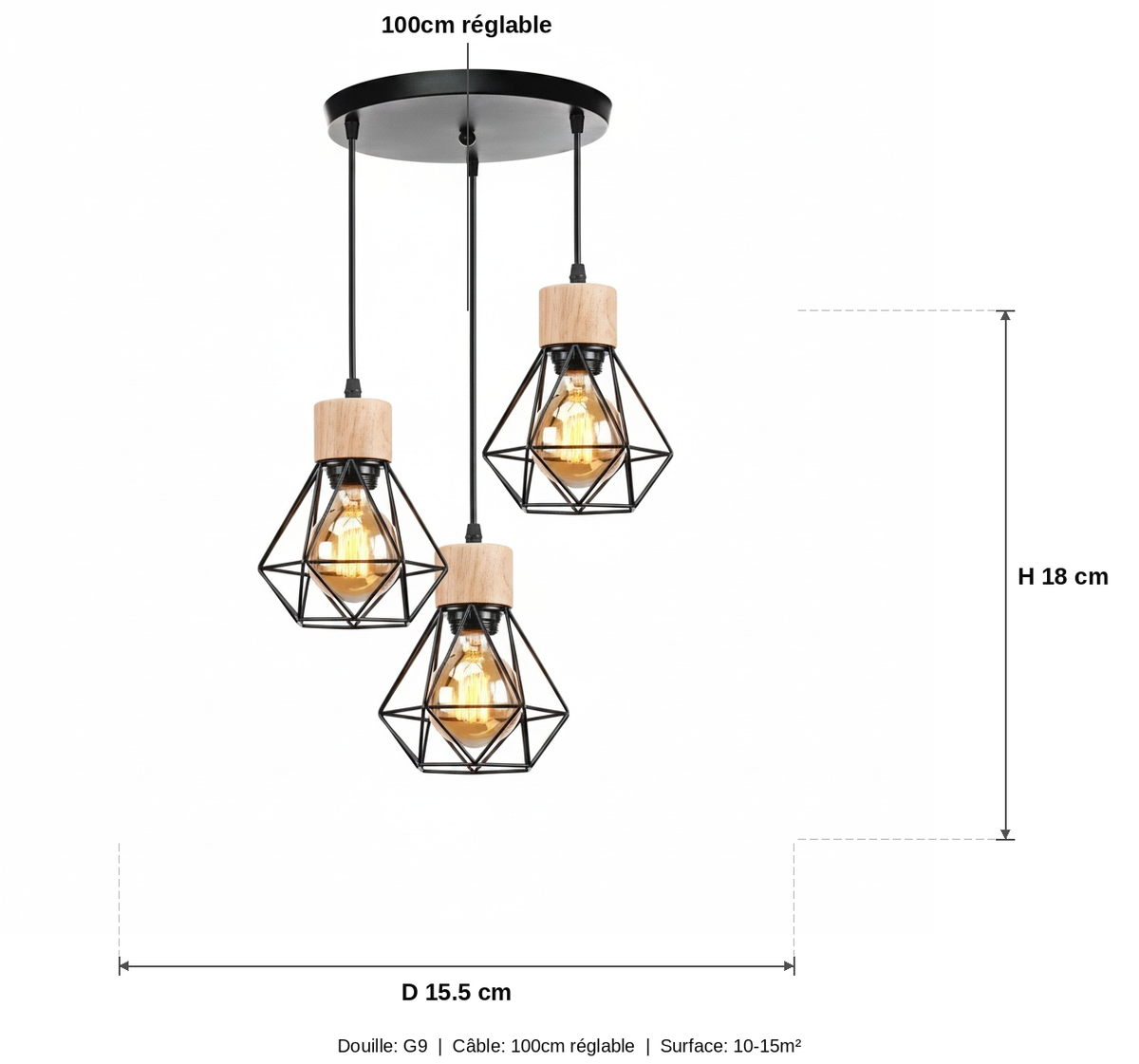 Suspension Cage Diamant Bois et Métal Noir 3 Têtes - schéma des dimensions