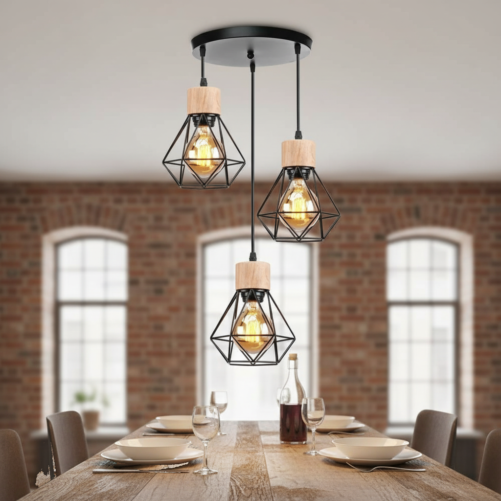 Suspension Cage Diamant Bois et Métal Noir 3 Têtes mise en ambiance dans un intérieur