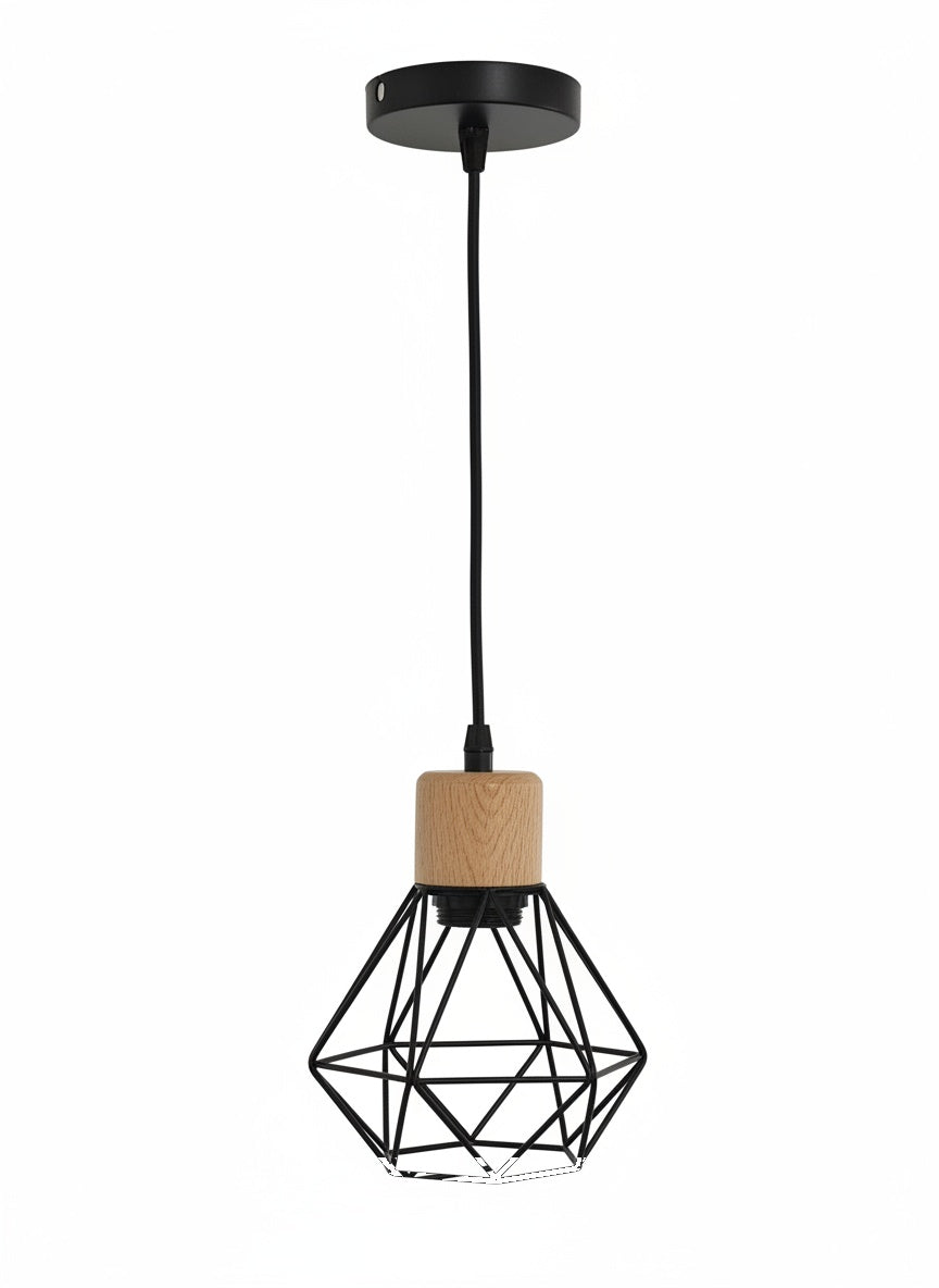 Suspension Cage Diamant Bois et Métal Noir - vue produit sur fond blanc