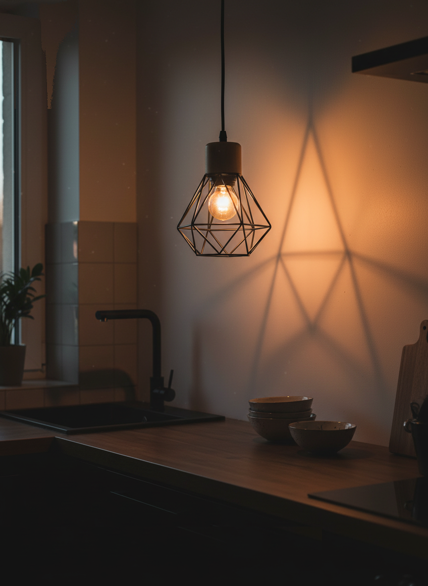 Suspension Cage Diamant Bois et Métal Noir allumée diffusant sa lumière