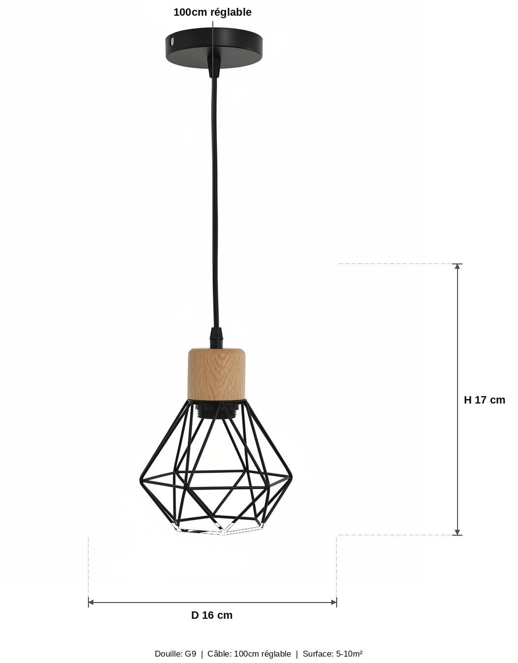 Suspension Cage Diamant Bois et Métal Noir - schéma des dimensions