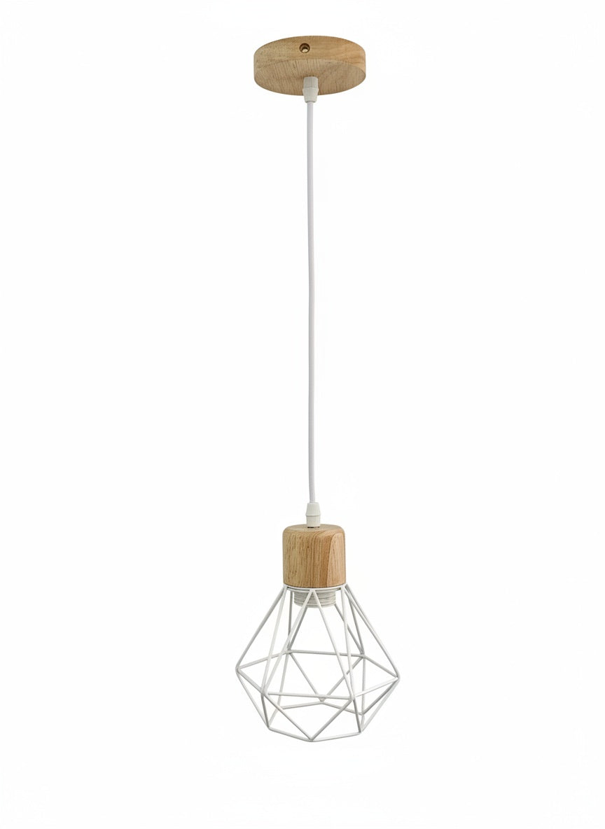 Suspension Cage Géométrique Bois et Métal Blanc - vue produit sur fond blanc
