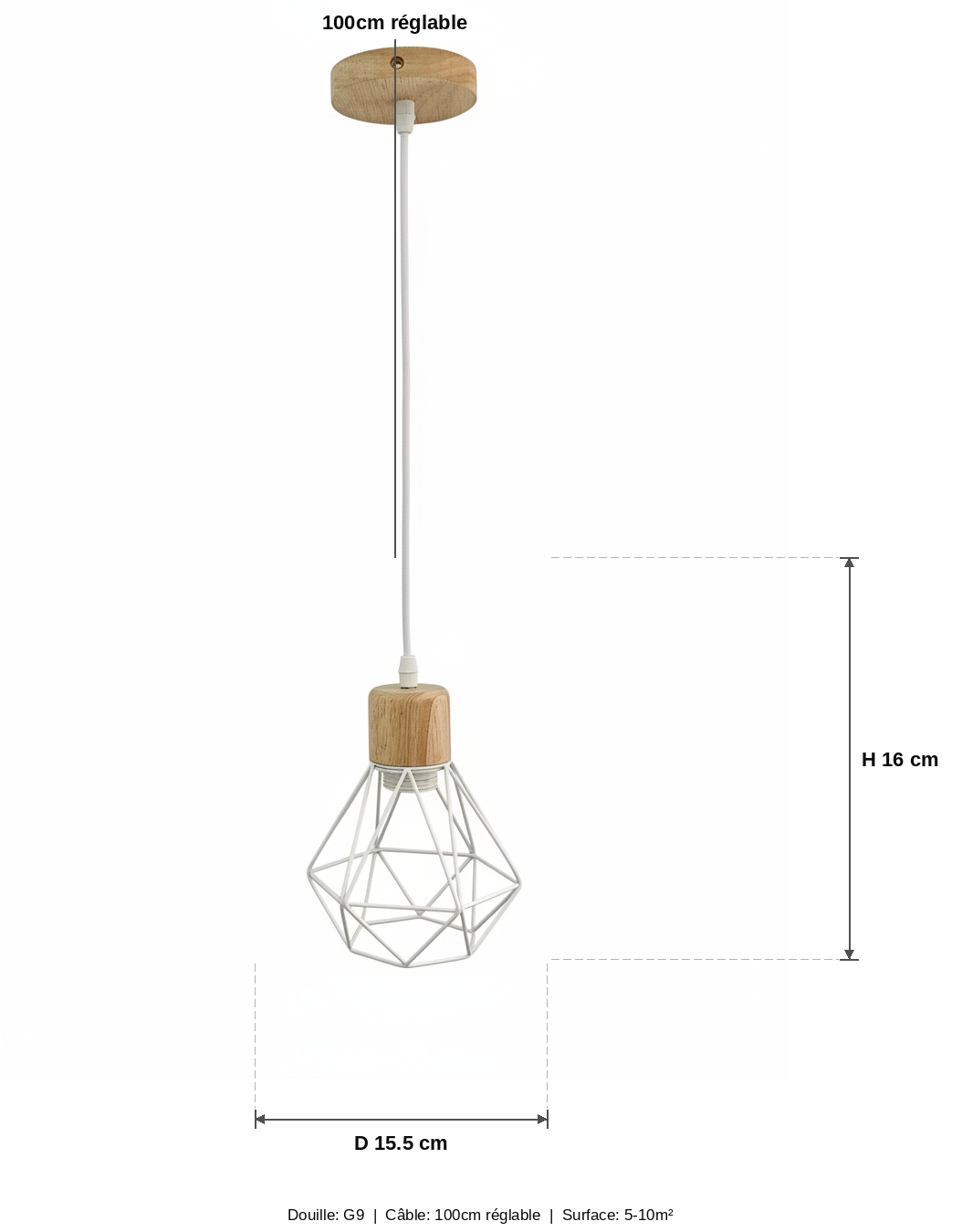 Suspension Cage Géométrique Bois et Métal Blanc - schéma des dimensions