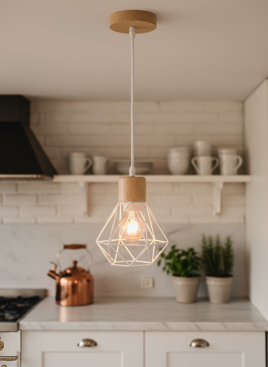 Suspension Cage Géométrique Bois et Métal Blanc mise en ambiance dans un intérieur