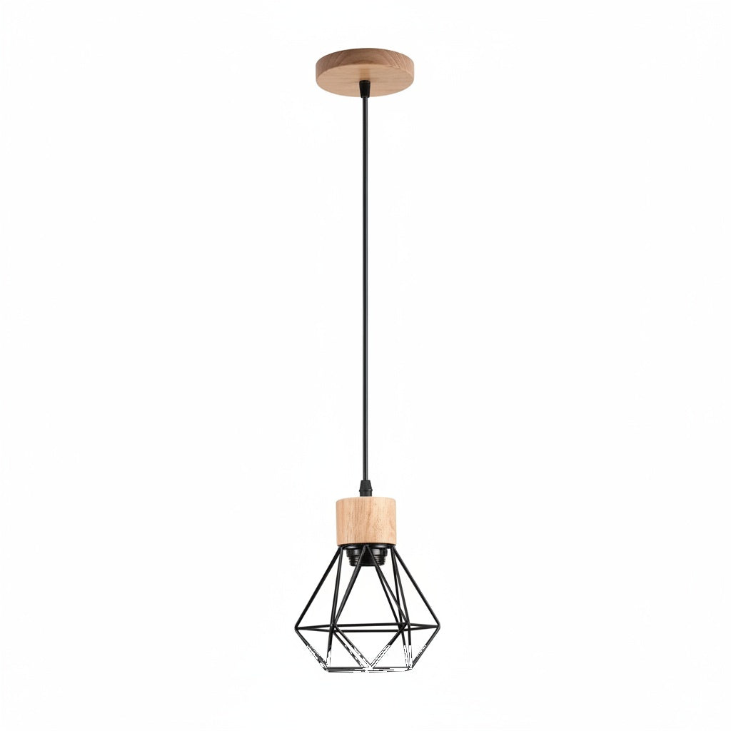 Suspension Cage Géométrique Bois et Métal Noir - vue produit sur fond blanc