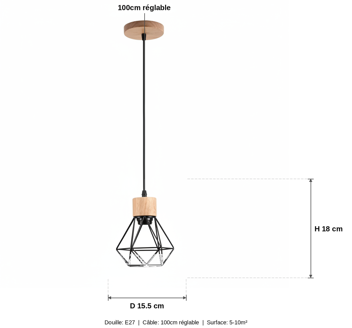 Suspension Cage Géométrique Bois et Métal Noir - schéma des dimensions