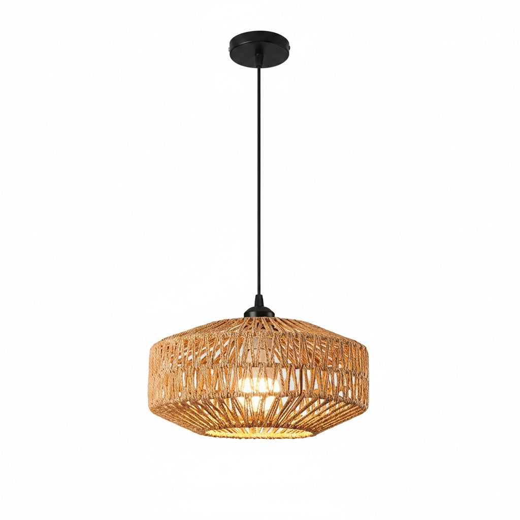 Suspension Corde Tressée Bohème Abat-Jour Tambour - vue produit sur fond blanc