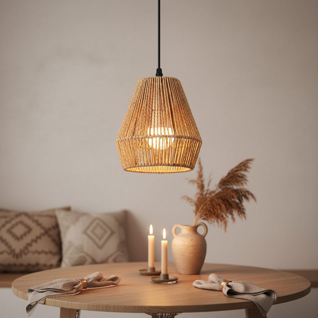 Suspension Corde Tressée Conique Bohème Naturelle mise en ambiance dans un intérieur Image