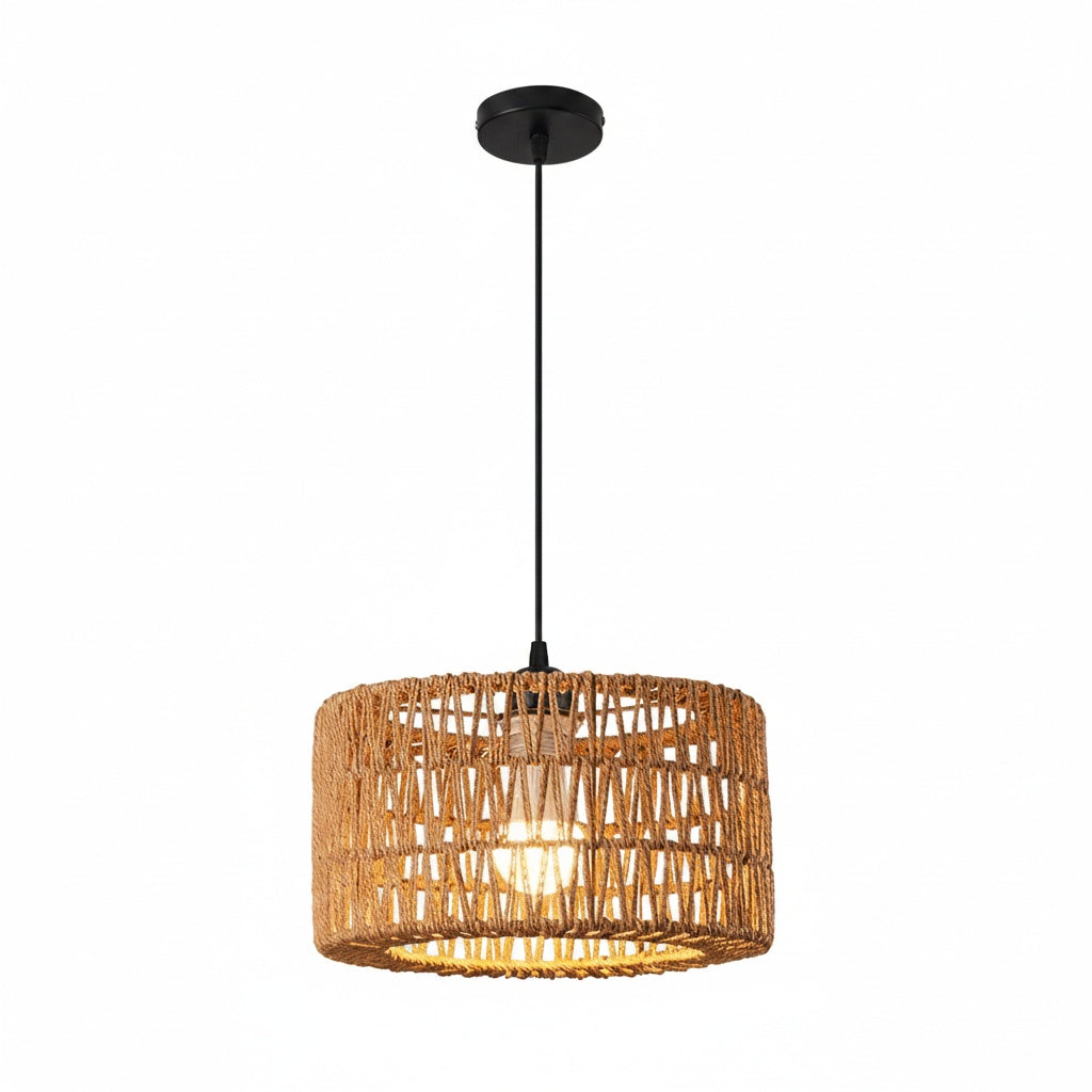 Suspension Corde Tressée Cylindrique Style Bohème - vue produit sur fond blanc