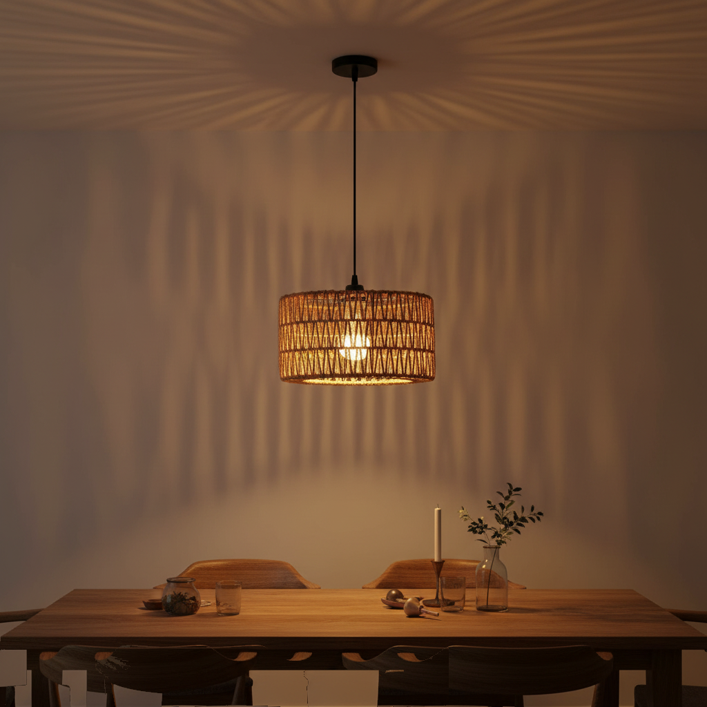 Suspension Corde Tressée Cylindrique Style Bohème allumée diffusant sa lumière