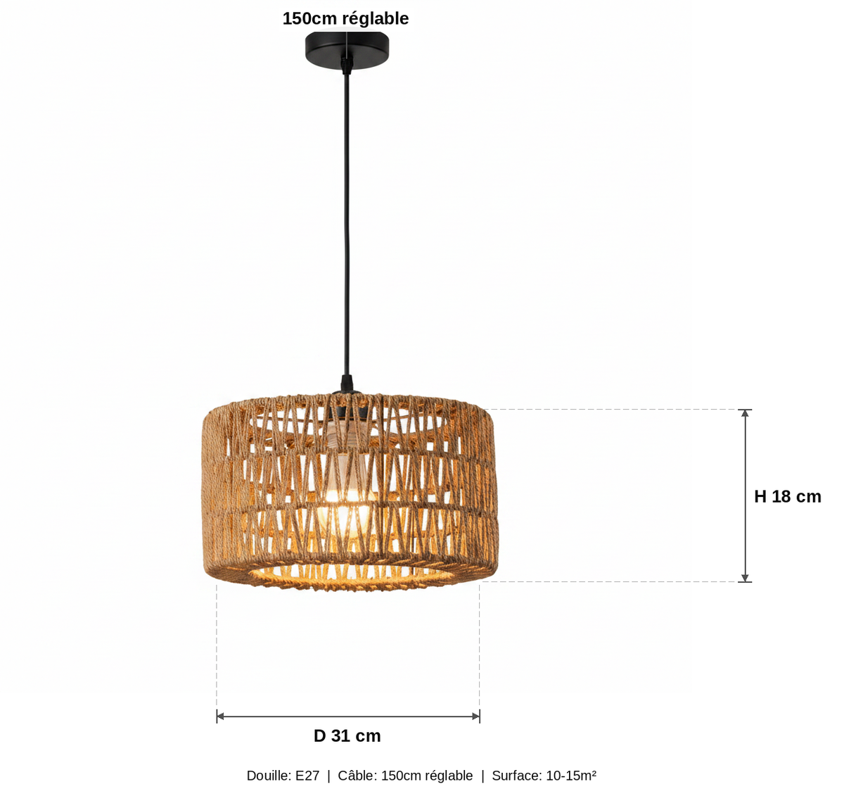 Suspension Corde Tressée Cylindrique Style Bohème - schéma des dimensions