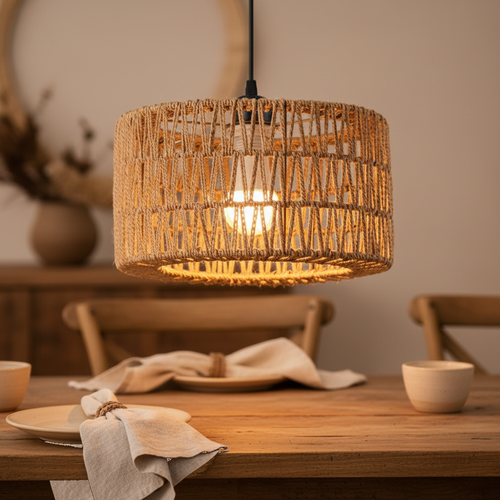 Suspension Corde Tressée Cylindrique Style Bohème mise en ambiance dans un intérieur