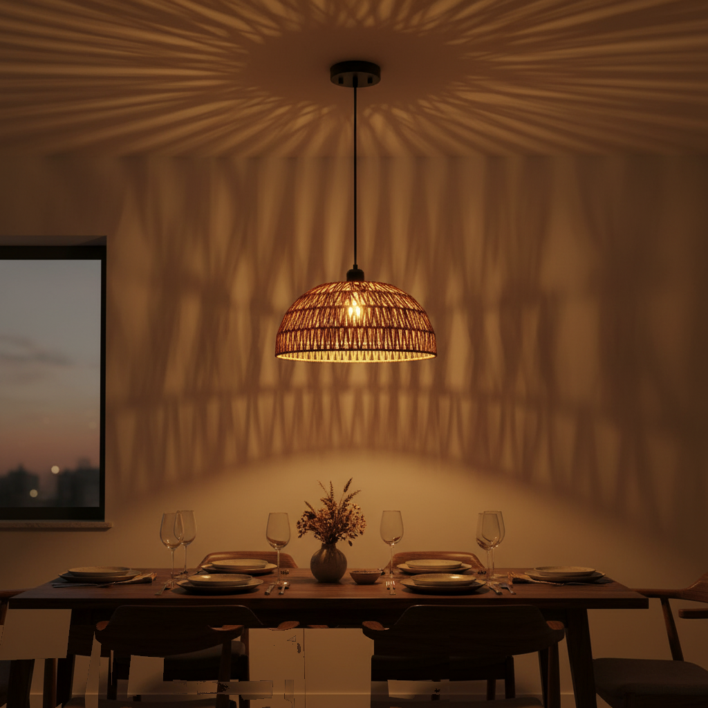 Suspension Corde Tressée Dôme Bohème Naturel 30cm allumée diffusant sa lumière