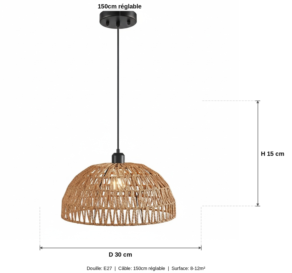 Suspension Corde Tressée Dôme Bohème Naturel 30cm - schéma des dimensions