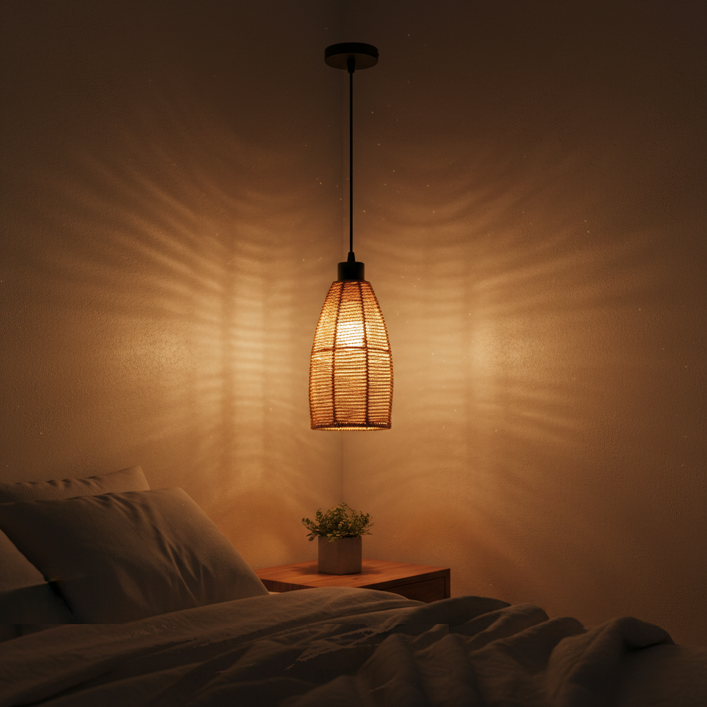 Suspension Corde Tressée Naturelle Style Bohème allumée diffusant sa lumière